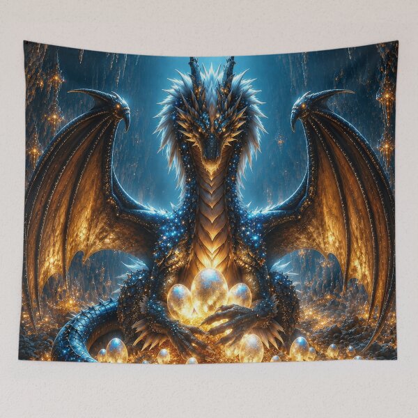 Item preview, Blue and Gold Dragon with Eggs in Fantasy Cave designed and sold by DrakariArt.