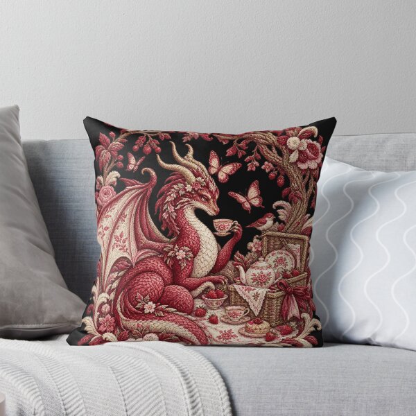 Aperçu de l'œuvre Broderie Dragon Tea Party – Pique-nique fantastique rococo et art floral créée et vendue par Emoji Emblems.