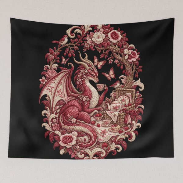 Item preview, Dragon Tea Party Embroidery – Rococo Fantasy Picnic & Floral Art designed and sold by Emoji Emblems.