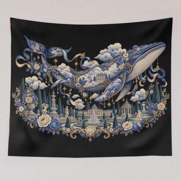 Item preview, Celestial Whale Embroidery – Surreal Rococo Garden Toile Art designed and sold by Emoji Emblems.