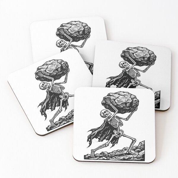 Item preview, Skeleton Sisyphus Lifting Giant Boulder Linocut Dark Art designed and sold by MisteryDesigner.
