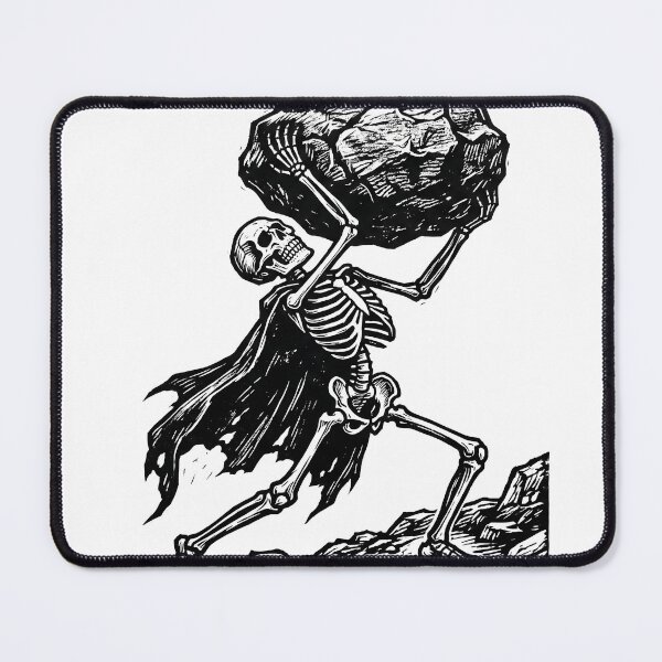 Item preview, Skeleton Sisyphus Lifting Giant Boulder Linocut Dark Art designed and sold by MisteryDesigner.