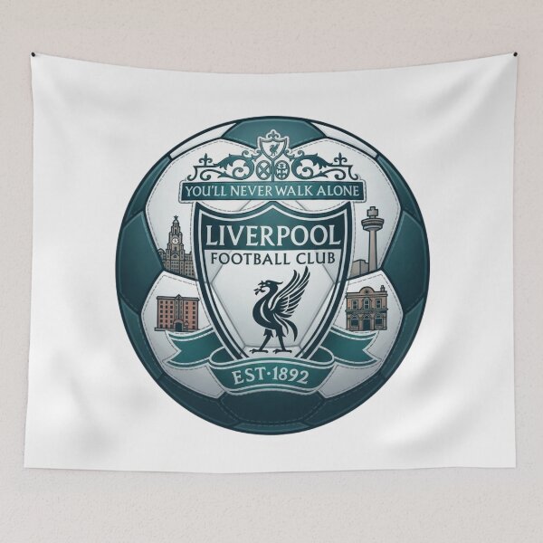 Item preview, Liverpool FC Crest and City Landmarks Inside Teal Soccer Ball Art designed and sold by annaarthk.