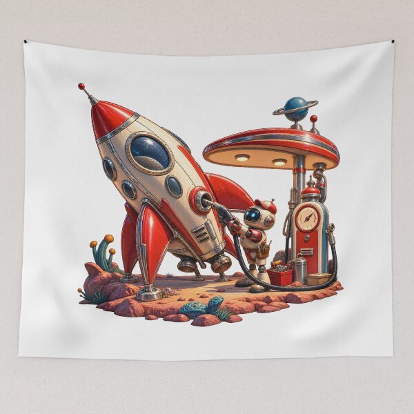 Item preview, Retro Space Gas Station Robot Mechanic Vintage Rocket designed and sold by builtforyou.