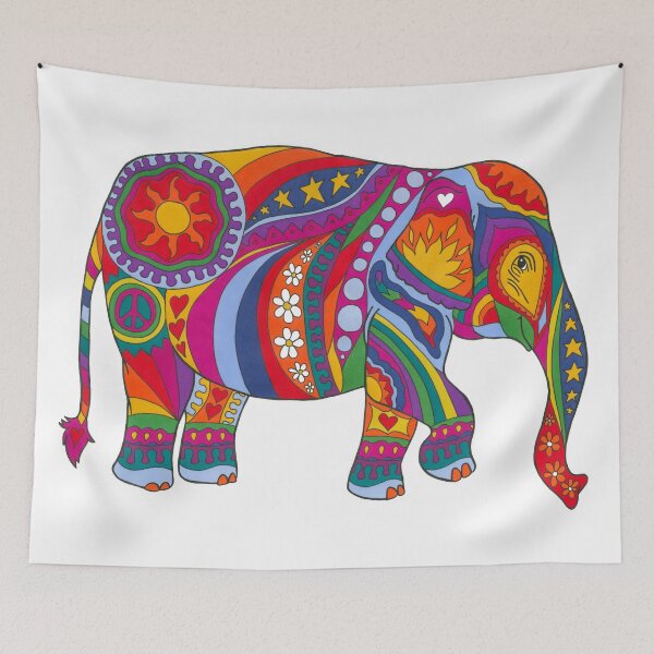 Item preview, Psychedelic Elephant Art White– Retro Hippie Rainbow Groovy Peace Design designed and sold by Kellie Espie Art.