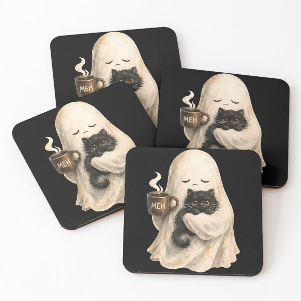 Item preview, Cozy Ghost Hugging Black Cat with Coffee Halloween designed and sold by VioletNance.