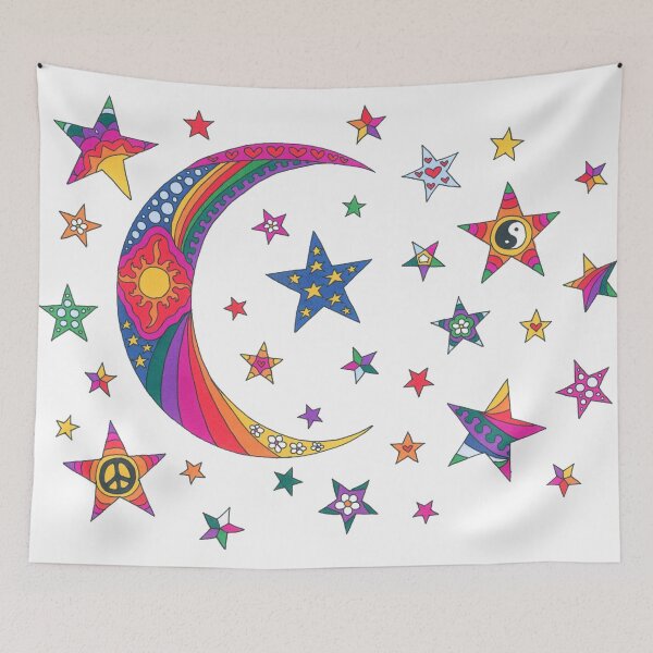 Item preview, Psychedelic Crescent Moon Art White– Retro Hippie Rainbow Groovy Peace Design designed and sold by Kellie Espie Art.