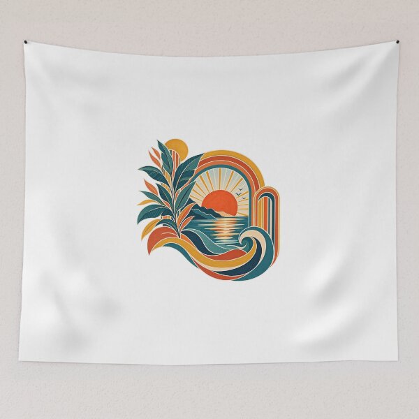 Item preview, Retro Ocean Sunset Botanical Landscape designed and sold by RetroPop23.