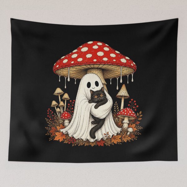 Item preview, Ghost Hugging Black Cat Under Mushroom Halloween designed and sold by VioletNance.