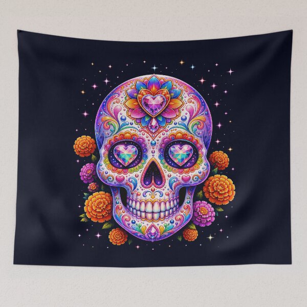 Item preview, Rainbow Sugar Skull with Jeweled Hearts designed and sold by Victor Shadehorn.