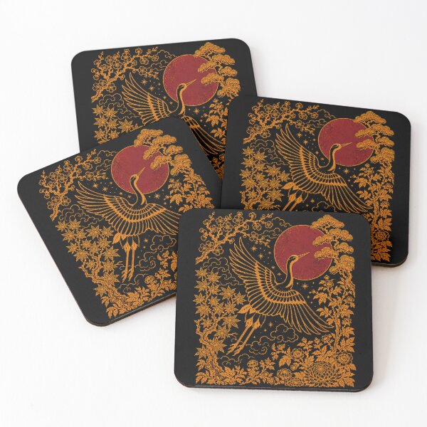 Item preview, Japanese Crane, Vintage Linocut Bird, Red Sun Naturecore, Folk Art Wildlife designed and sold by nasr-say.