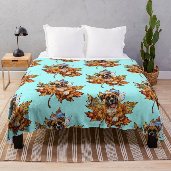 Aperçu de l'œuvre Chien Boxer jouant dans les feuilles d'automne créée et vendue par Lion and Lamb Design.