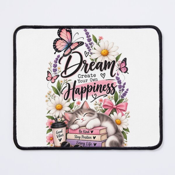 Item preview, Dream Create Your Own Happiness – Cute Cat & Butterfly Floral Design designed and sold by ✨ Daily Vibe Studio ✨.