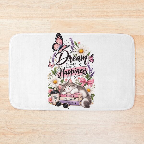 Item preview, Dream Create Your Own Happiness – Cute Cat & Butterfly Floral Design designed and sold by ✨ Daily Vibe Studio ✨.
