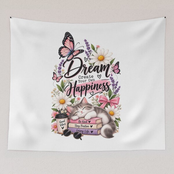 Item preview, Dream Create Your Own Happiness – Cute Cat & Butterfly Floral Design designed and sold by ✨ Daily Vibe Studio ✨.