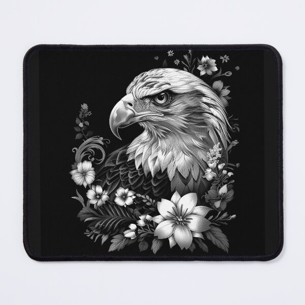 Item preview, Bald Eagle with Flowers Black and White Majestic Wildlife Floral Art Design designed and sold by inkoutninja.