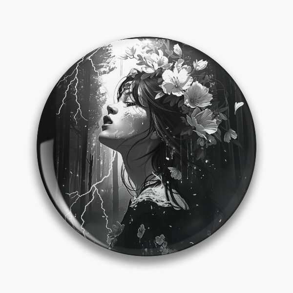 Item preview, Floral Storm Woman with Lightning Dark Forest Black and White Fantasy Art designed and sold by inkoutninja.
