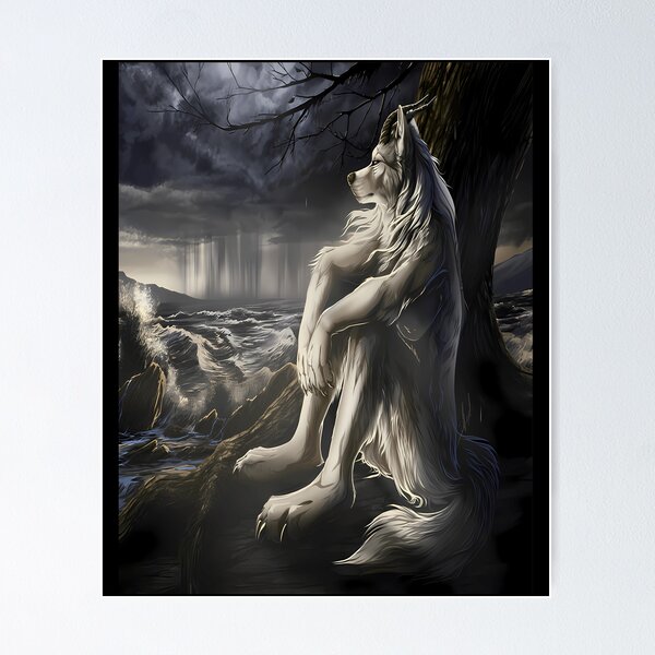 Item preview, Melancholic Lone Werewolf Sitting By Stormy Sea Fantasy designed and sold by Printing-My-Art.