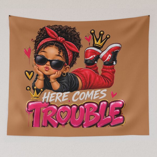 Item preview, Here Comes Trouble Cute Black Girl Red Bandana & Crown designed and sold by digitalbob60.