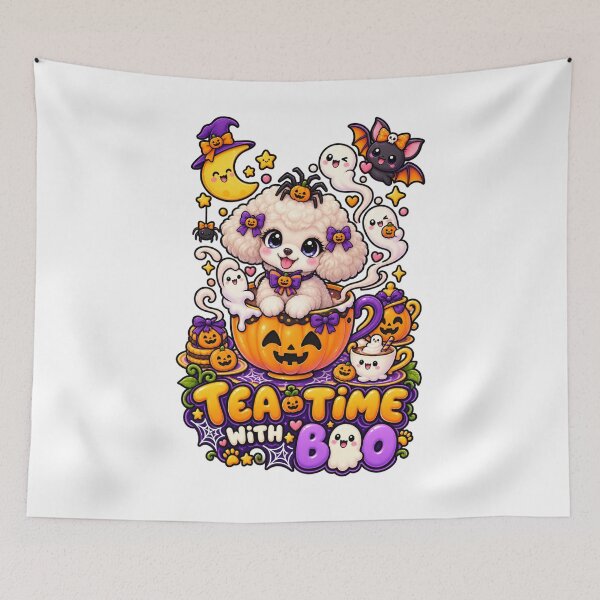 Item preview, Tea Time With Boo | Cute Poodle Halloween Pumpkin Teacup Ghost designed and sold by KnrNazimTHRE4DS.