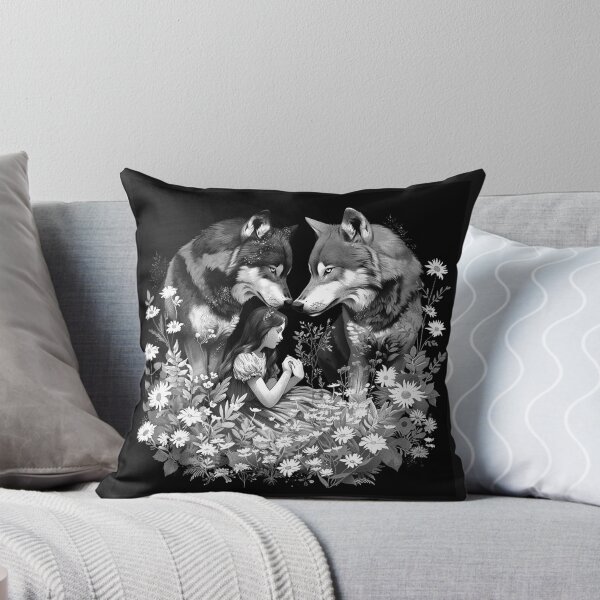 Item preview, Girl with Twin Wolves and Wildflowers Black and White Fantasy Art Design designed and sold by inkoutninja.