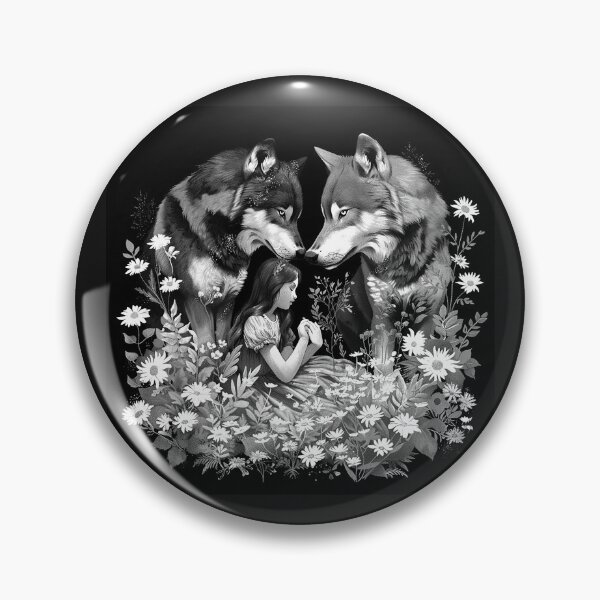 Item preview, Girl with Twin Wolves and Wildflowers Black and White Fantasy Art Design designed and sold by inkoutninja.
