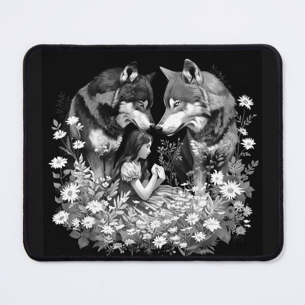 Item preview, Girl with Twin Wolves and Wildflowers Black and White Fantasy Art Design designed and sold by inkoutninja.