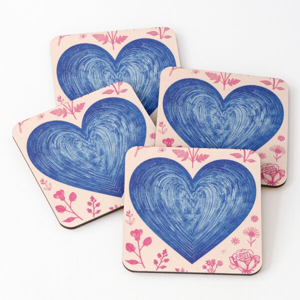 Item preview, Cobalt Blue Heart Linocut Floral Woodblock Print designed and sold by FestivityFinds.