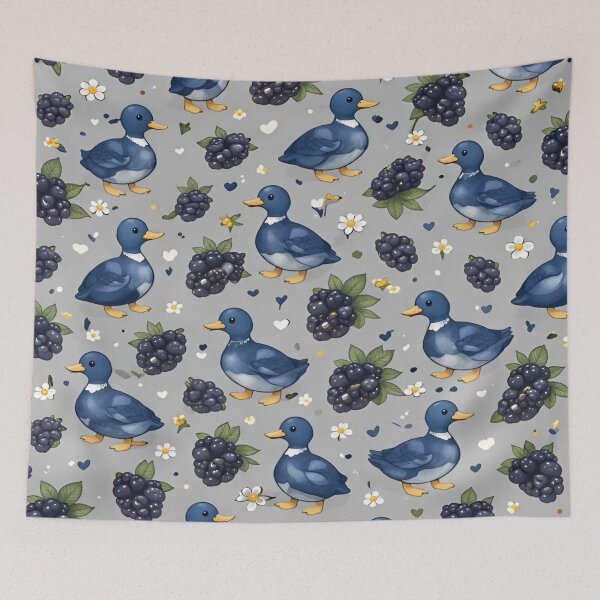 Item preview, Charming Whimsical Design Featuring Playful Blue Ducks Amidst Lush Blackberries and Delicate Flowers Set Against a Soft Gray Background designed and sold by Matt_Smith.