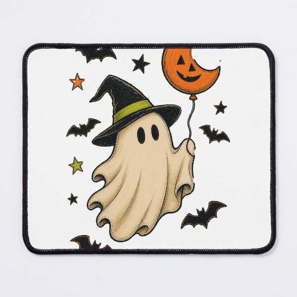 Item preview, Cute Halloween Ghost with Witch Hat & Pumpkin Moon Balloon Illustration designed and sold by LinaDesign Store.