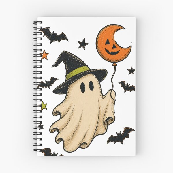 Item preview, Cute Halloween Ghost with Witch Hat & Pumpkin Moon Balloon Illustration designed and sold by LinaDesign Store.