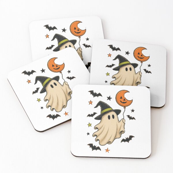 Item preview, Cute Halloween Ghost with Witch Hat & Pumpkin Moon Balloon Illustration designed and sold by LinaDesign Store.