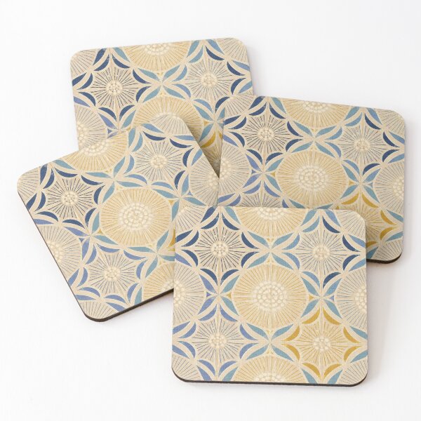 Item preview, Mid Century Modern Geometric Flower Blue Mustard  designed and sold by FestivityFinds.