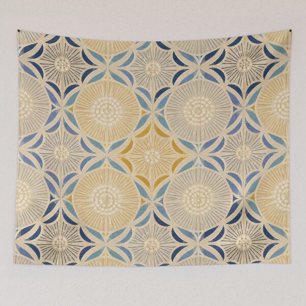 Item preview, Mid Century Modern Geometric Flower Blue Mustard  designed and sold by FestivityFinds.