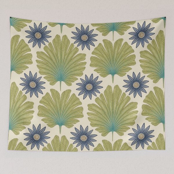 Item preview, Vintage Arts Crafts Ginkgo Leaf Blue Daisy Botanical designed and sold by FestivityFinds.