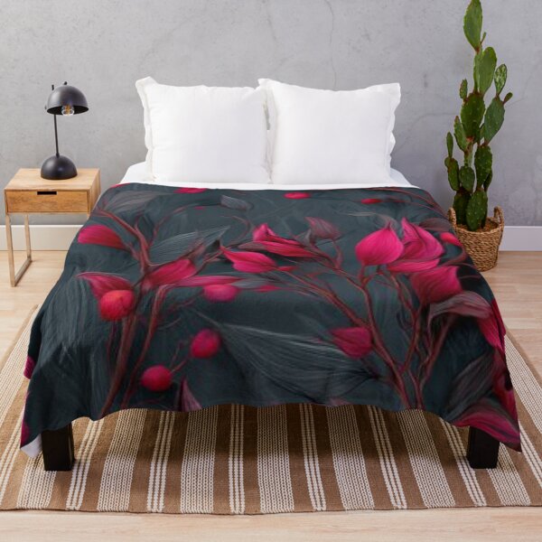 Item preview, Vibrant Magenta Pink Leaves Red Berries Dark Slate Botanical Pattern designed and sold by LYAN-STORE.