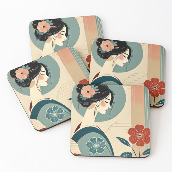 Item preview, Japanese Geisha Kimono Portrait Retro Geometric Floral Art designed and sold by LYAN-STORE.