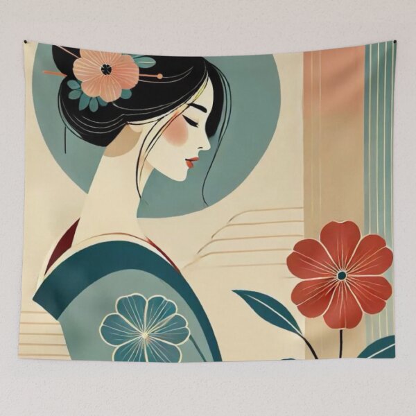 Item preview, Japanese Geisha Kimono Portrait Retro Geometric Floral Art designed and sold by LYAN-STORE.