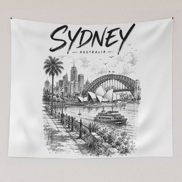 Item preview, Sydney Australia Vintage Sketch Sydney Opera House Harbour Bridge City Skyline Ferry Art designed and sold by Yellowriversss.