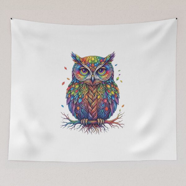 Item preview, Colorful Rainbow Owl Sitting on Branch Magical Nature Art designed and sold by KTD28_SHOP.