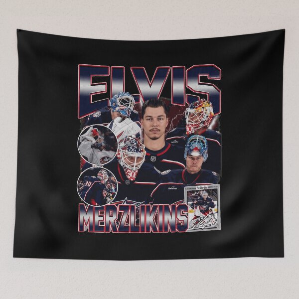 Item preview, Elvis Merzlikins Vintage Hockey Collage designed and sold by eRigoni19.