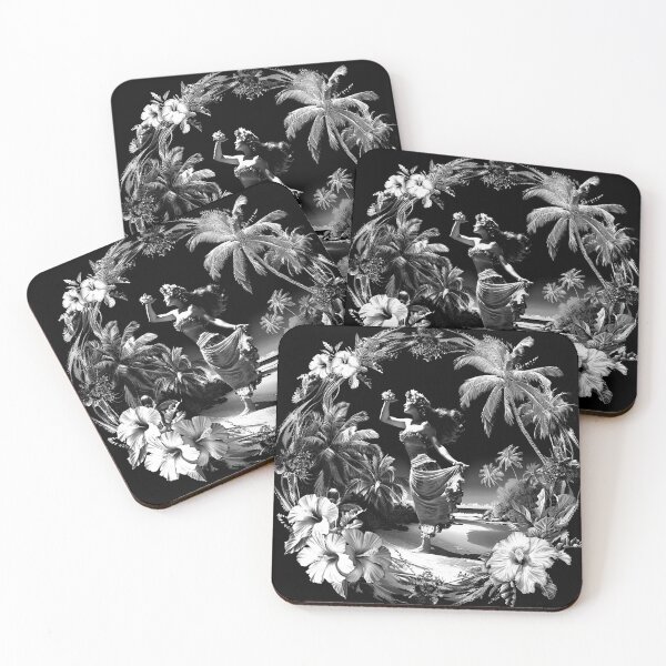 Item preview, Tropical Hula Dancer with Hibiscus Palm Trees Black and White Island Art Design designed and sold by inkoutninja.