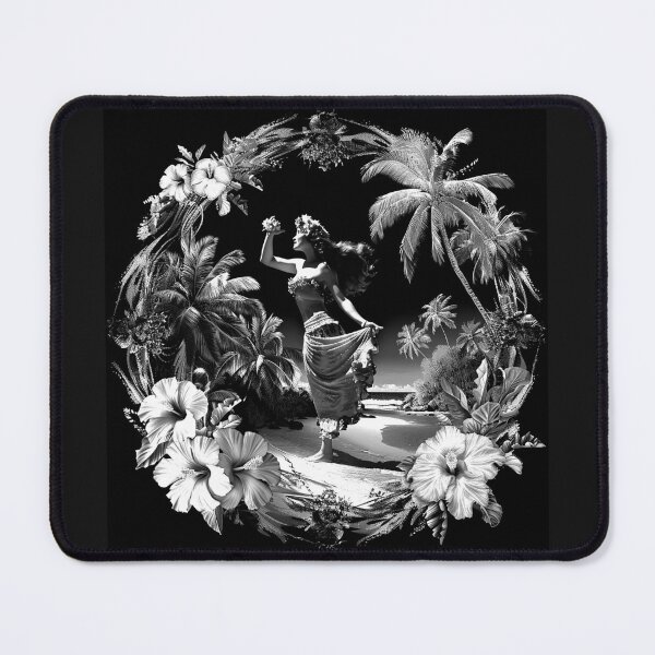 Item preview, Tropical Hula Dancer with Hibiscus Palm Trees Black and White Island Art Design designed and sold by inkoutninja.