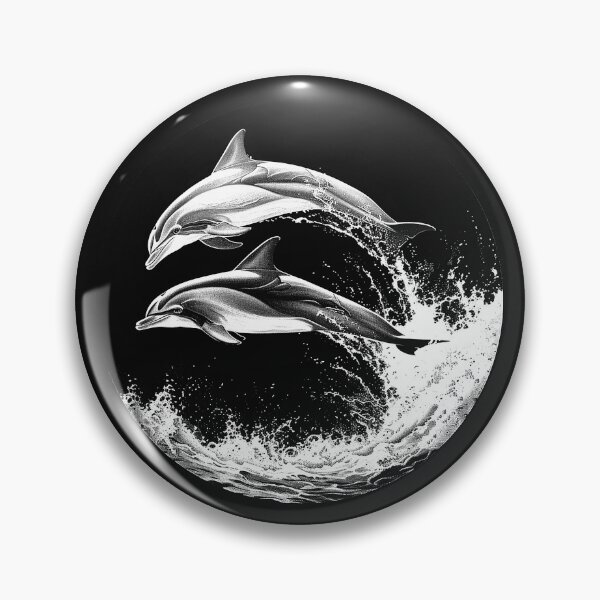 Item preview, Two Dolphins Leaping Through Ocean Waves Black and White Marine Art Design designed and sold by inkoutninja.