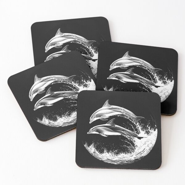 Item preview, Two Dolphins Leaping Through Ocean Waves Black and White Marine Art Design designed and sold by inkoutninja.
