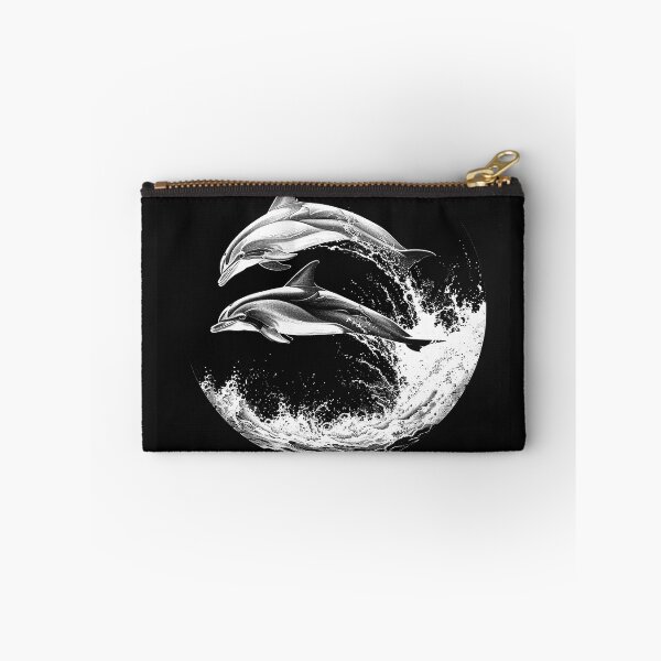 Item preview, Two Dolphins Leaping Through Ocean Waves Black and White Marine Art Design designed and sold by inkoutninja.