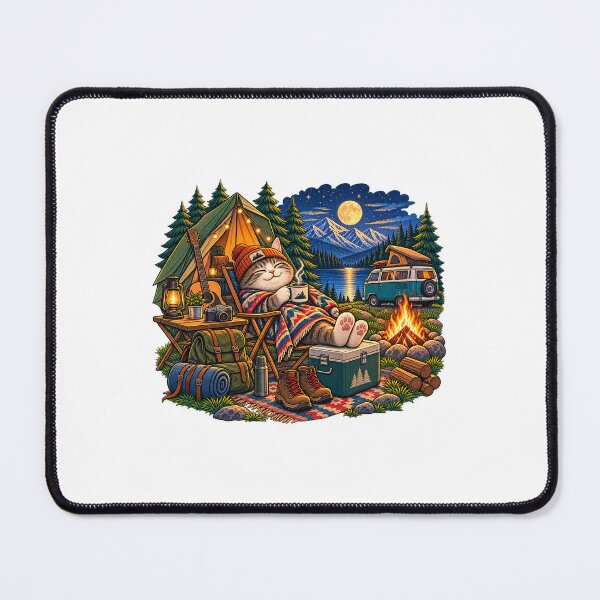 Item preview, Vintage Camping Cat Cozy Mountain Night Illustration designed and sold by lovepower.