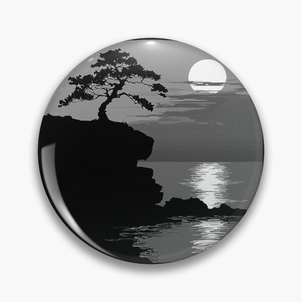 Item preview, Cliffside Pine Sunset Over Water Black and White Japanese Landscape Art Design designed and sold by inkoutninja.