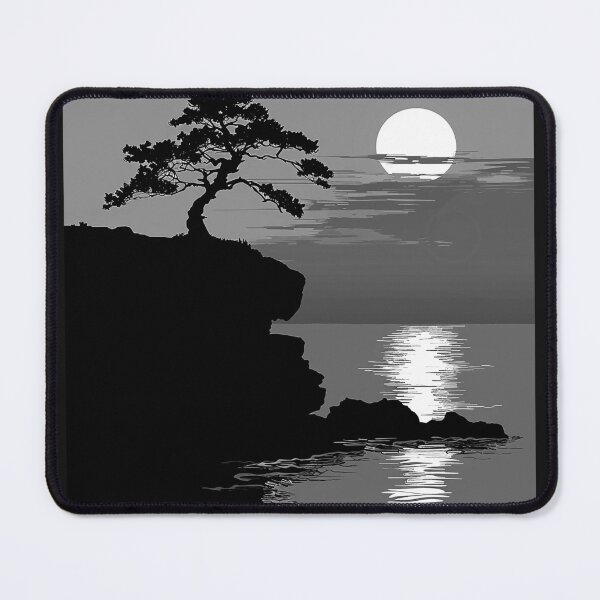 Item preview, Cliffside Pine Sunset Over Water Black and White Japanese Landscape Art Design designed and sold by inkoutninja.