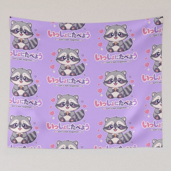 Item preview, Chibi Raccoon Japanese 'let's eat together' design cute kawaii designed and sold by Vintage Designs +.